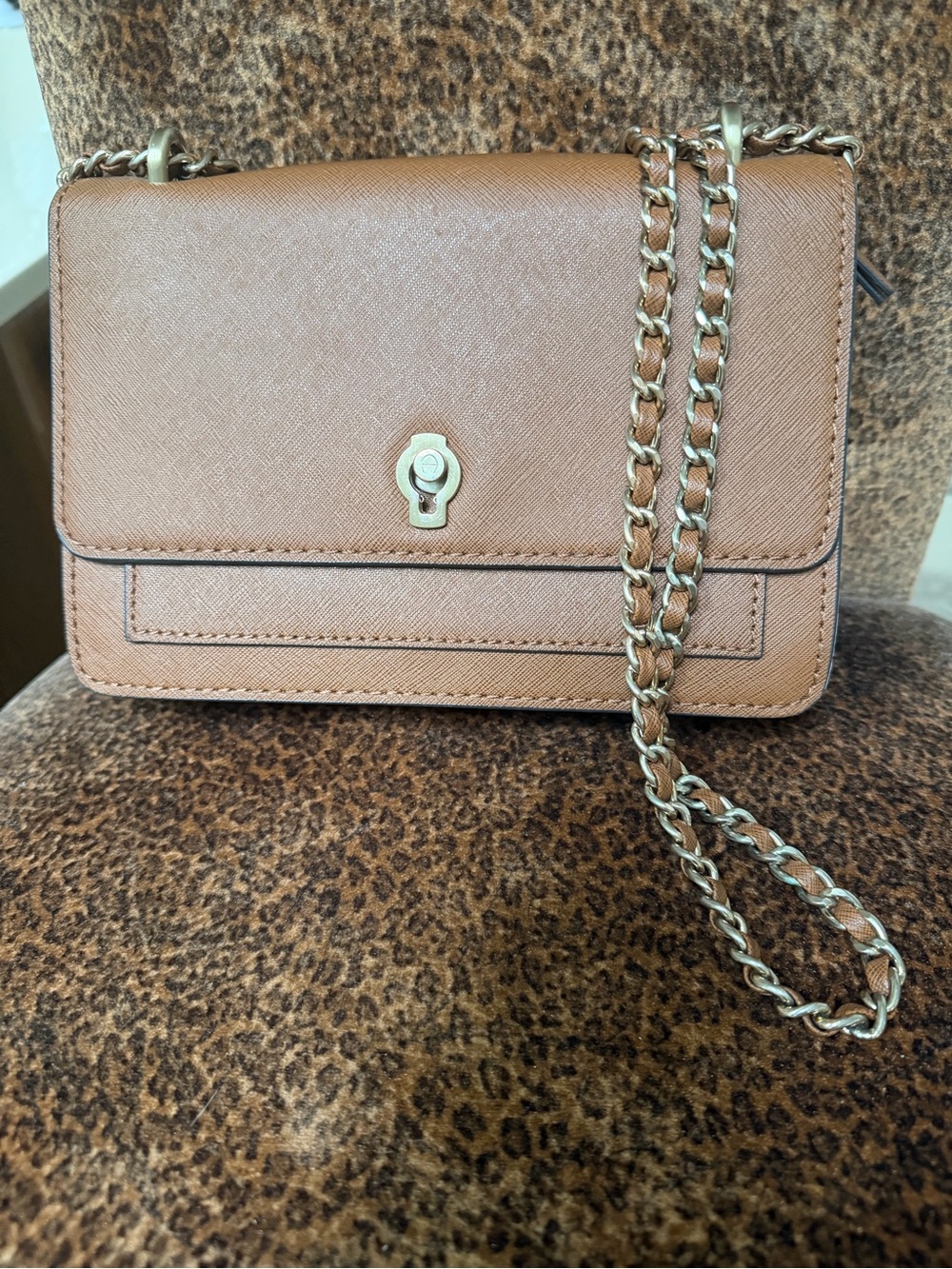 Structured Leather Crossbody Bag in Tan with Chain Strap